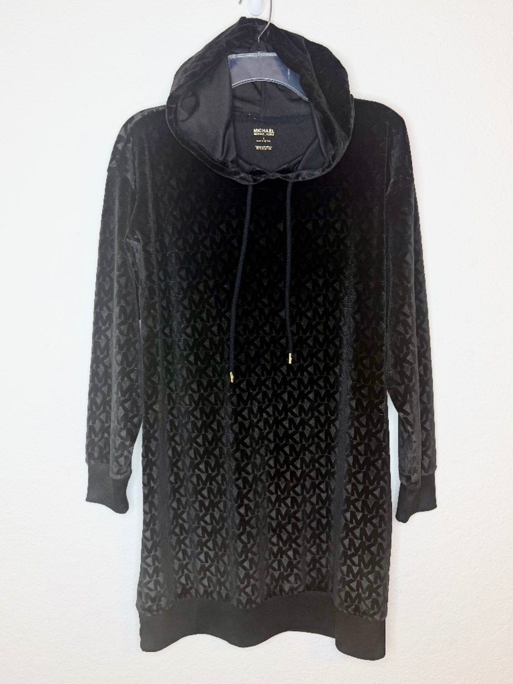 Michael Kors Black Velour Monogram Hoodie Dress, Size S